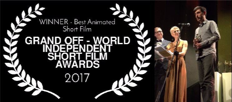 bowsie filmmakers accept the award for best animation at the Grand Off Short film Festival in Warsaw Poland